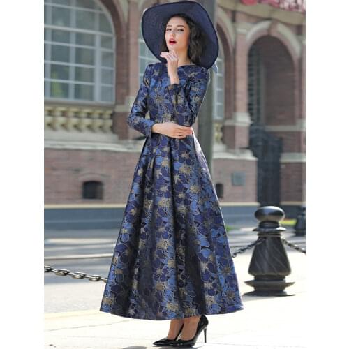 Elegant Women Long Sleeve Long Maxi Autumn Winter Dress Gold Floral Jacquard Fall V neck Lady Party fashion Dress Boho Vestidos