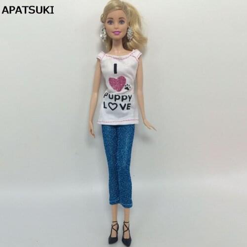 1Set White I Love Puppy T-shirt For Barbie Doll Clothes & Blue Pants Outfits For Barbie Dollhouse 1/6 Doll Accessories