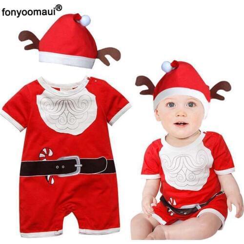 Kids Child 2 Pcs Set Christmas New Year Cos Costume Cute Printed Jumpsuit Romper+Hat Newborn Baby Toddler Infant X-Mas Outfit