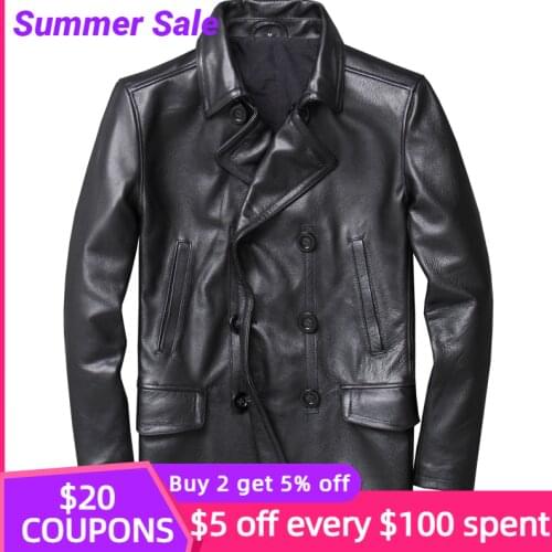 2021 Black Long Casual Style Genuine Leather Jacket Men Plus Size 5XL Real Natural Soft Cowhide Autumn 740 Peacoat
