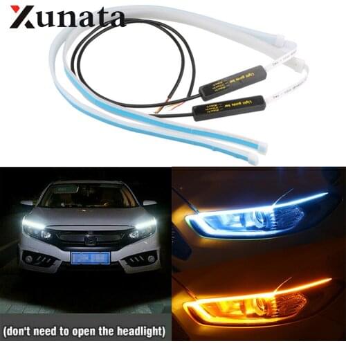 2x Ultrafine Cars LED Daytime Running Lights White Turn Signal Yellow Guide Strip for Headlight Assembly