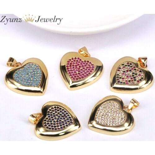 5PCS, DIY Jewelry Making Gold Color Multi-color Crystal Heart Pendants for Necklace CZ Micro Pave Fashion Charms Pendants