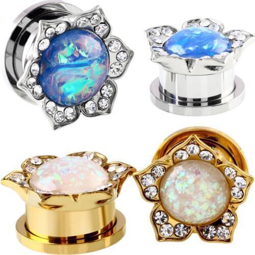 Fashion Opal Gold-color Steel Dangle Ear Plugs Ear Tunnels Piercing Gauges Tunnel Expanders Rings Body Jewelry for Women 50pcs