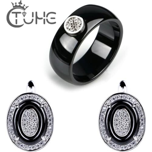 Egg Shape Double Round Earrings Rings Jewelry Set For Women Made of Ceramic Material Stud Earrings Big Width Size Rings Jewelry