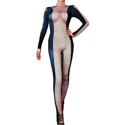 Sparkly Rhinestones Women Spandex Black Plaid Jumpsuits Skinny Stretch Bodysuits Long Sleeve Party Show Performance Stage Wear