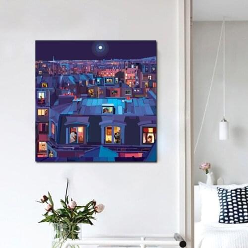 Lovers Kissing In The Colorful Town At Night Canvas Painting Art Nordic Posters and Prints Wall Pictures for Living Room Decor