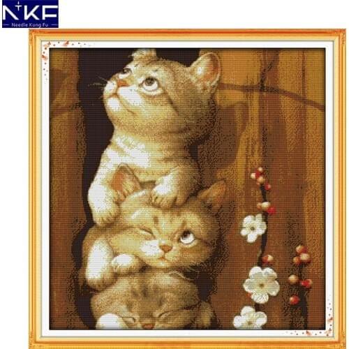 NKF Naughty Cat Cross Stitch Pattern Handmade Craft Painting Needlework Embroidery Kit Cross Stitching Set for Home Decor