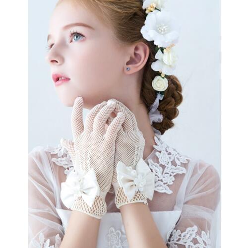Pearl FlowerGirls Wedding Gloves Mesh Evening Childs Dress Gloves White Ivory Birthday Party Bowknot Performance Kids Glove