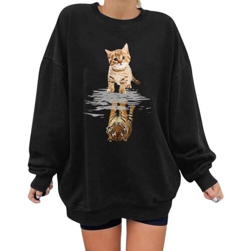 Harajuku Long Sleeve Pullovers Drop Shoulder Tops for Women Fall Winter Clothrs Funny Women Sweatshirts Cat&tiger Print