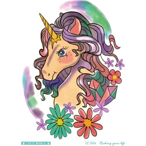 Rocooart LC504 Colorful Cartoon Temporary Tattoo Sticker Unicorn Horse Taty Tatoo Sticker Fake Tattoo Tatuagem For Women Men Kid