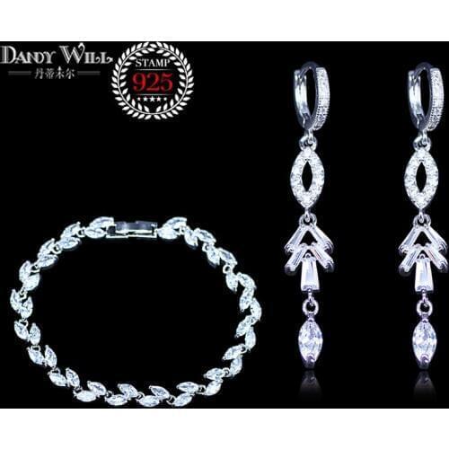 Silver color White Zircon Crystal Angelic Leaf Bracelet And Pretty Long White Crystal Earrings Jewelry Set For Women Anniversary