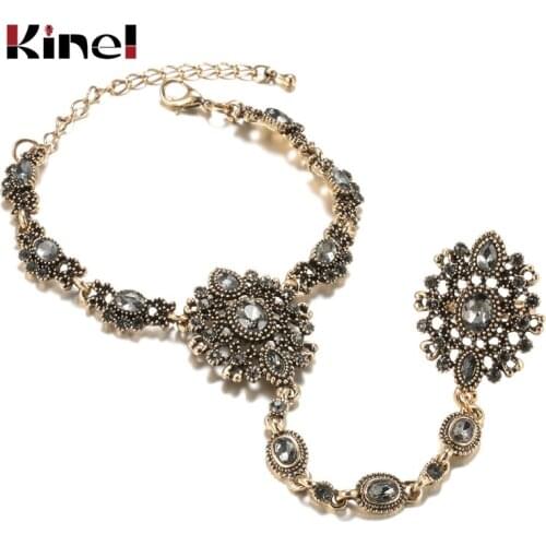 Kinel Vintage Gray Crystal Bracelet link Ring Ethnic Bridal Wedding Jewelry Set Antique Gold Hollow Flower Bracelet For Women