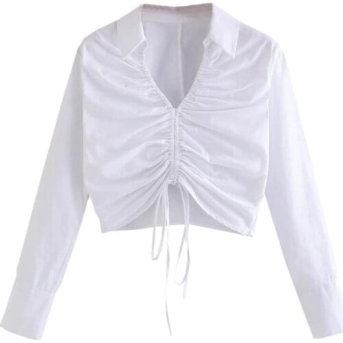 2021 spring Women casual white Blouses Mujer long Sleeve Navel exposed top Slim Lady Drawstring Deep v neck Short shirt Femme