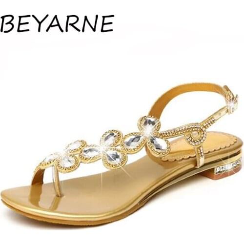 BEYARNE 2021 Rhinestone Women Sandals Genuine Leather Soft Rubber Sole Basic Buckle Strap Big Size 33-40 Womens Summer Shoes