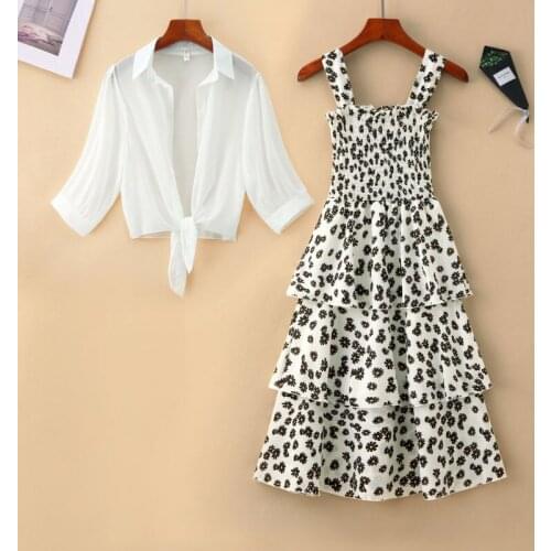 2021 Summer New Women Dress Suit Womens Fashion Retro Floral Printed Chiffon Strap Dress + Chiffon Blouse Two-piece Suits Q311