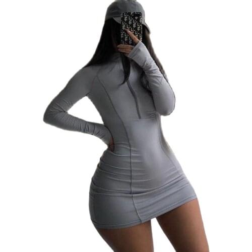 XLLAIS Cotton Fabric Club Dresses Women Full Sleeve Snug Zippers Mini Vestidos Feminino Clothing Tight Holiday Cute Outfit