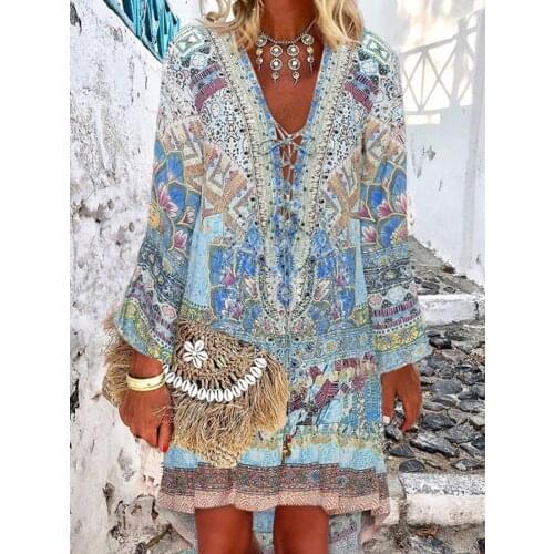 Deep V Neck Lace Up Dress Women Long Sleeve Summer Dress 2021 Boho Style Beach Dress Loose Fit Plus Size Aesthetic Floral Dress