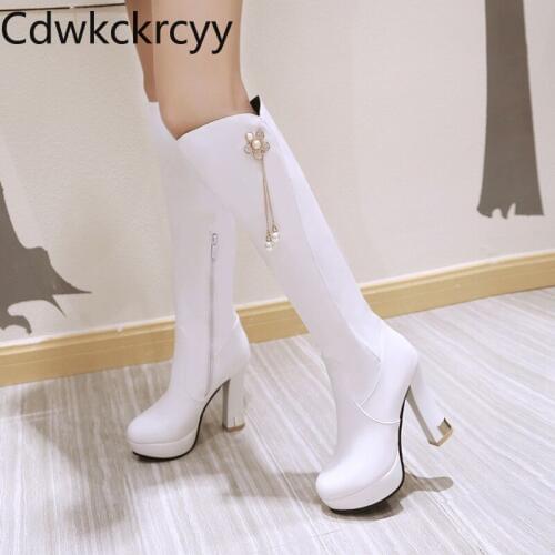 Winter The New fashion Round head Thick heel 11CM Knight boots white pearl Plus velvet Keep warm High heel Women boots 34-43