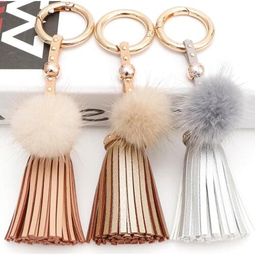 1Pcs Charm MinkHair Pompon Keychain Tassel Trinket Leather Key Chain Accessories Bag Charms Womens Car key rings for Women Gift