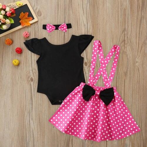40# New Born Baby Girl Clothes Set Solid Color Ruffle Sleeve Romper T-shirts Polka Dot Print Bow Suspender Skirt Outfits Set