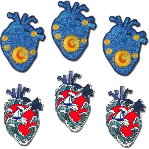 Heart Applique Van Gogh Iron On Patches For Clothing Painting Stripe Embroidered Patches On Clothes Badge Summer Style Patch DIY