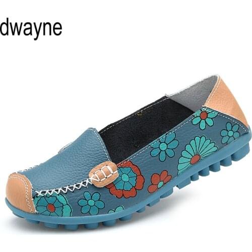 Cow Muscle Ballet Summer Flower Print Women Genuine Leather Shoes Woman Flat Flexible Nurse Peas Loafer Flats Appliquesm uio