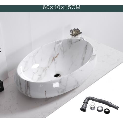 White Oval Ceramic Basin Nordic Simple Marble Pattern Art Above Counter Wash Basin Home Toilet Ceramic Bathroom Vessel Sink