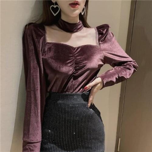 Blouse Women Autumn Winter Sexy V-neck Mesh Stitching Shirts Female Pleuche Top Blusas Ropa De Mujer