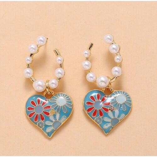 Boho Pearl Beaded Earrings For Women Girl Korean Style Geometric Heart Pendant Drop Dangle Earrings Fashion Party Jewelry