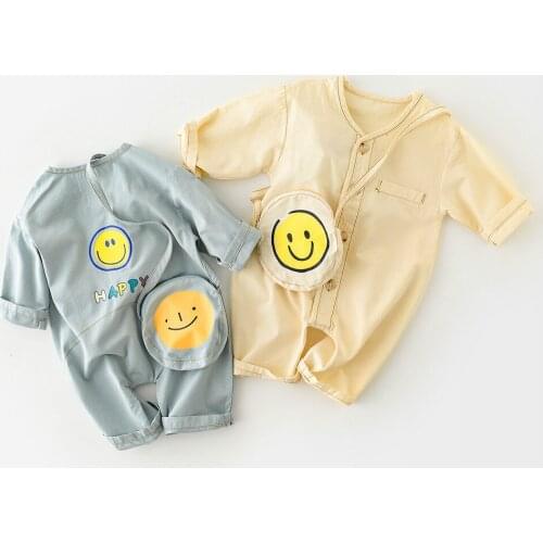 8614 Baby Bodysuit With Little Bag Autumn New 2021 Cartoon Smiling Face Boys Climbing Clothes Girl One-piece Clothes + Bag