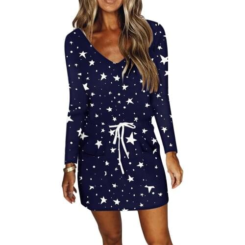 Elegant Ladies Dress Spring Fashion Star Feather Print Dresses For Women Deep V-neck Long Sleeve Office Lady Vestidos 2021 D30