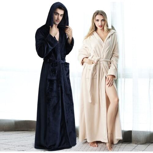 Autumn and Winter Extra Long Bathrobe Women Winter Coral Velvet Mens Hooded Bathrobe Lovers Hooded Flannel Nightgown
