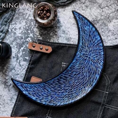 KINGLANG Moon Shape Ceramic Klin Glaze Plate Wholesale Dish Blue Colored Sushi Plate Display