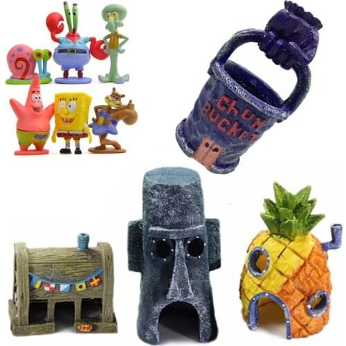 Movie character sponge doll ornament cute aquarium aquascape pineapple house shape octopus hand model fish tank decorations