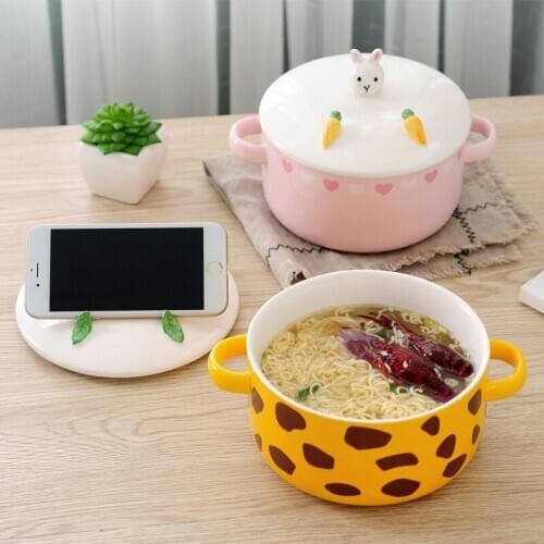 Lovely Japanese Style Cartoon Noodle Bowl with Lid Cup Animal Mobile Phone Holder Ceramic Two Ear Soup Bowl