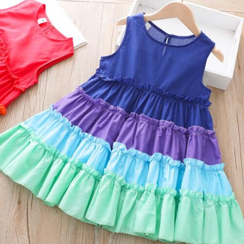 Layered Rainbow Dress For Girls Summer Kids Fashion Sleeveless Gradient Princess Dresses 3-7 Years Children Vacation Clothes