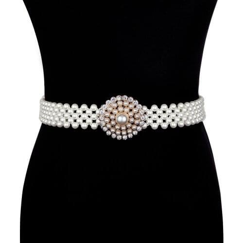 Elegant Women Pearl Waist Belt Elastic Buckle Pearl Chain Belt Female Girls Party Dress Waist Chain Rhinestone Crystal Belt