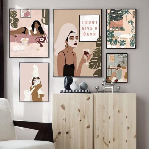 Wall Art I DON'T GIVE A DAMN Quote Canvas Poster Nordic Woman House Cat Print Painting Scandinavian Decoration Picture Decor