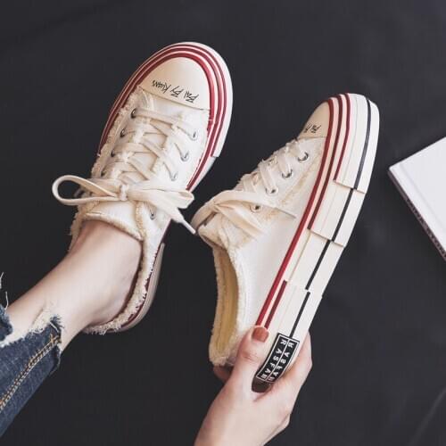 2021 Summer New Slipper Trendy Shoes Non-Heel Canvas Shoes White Lady Stylish Sneakers No Back Solid Color Fashion Trainers