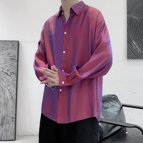 Korean Clothes Hipster Mens Shirts Men Colorful Matte Casual Button Up Shirts Long Sleeve Blouses Tops 4XL 5XL