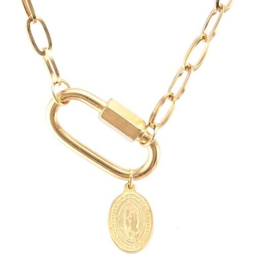 Stainless Steel Virgin Mary Necklace Gold/Silver Color Metal Medalla Virgen Maria Choker Carabiner Heavy Duty Chain Necklaces