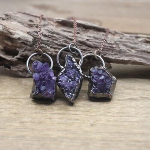 Natural Amethysts Rough Geode Druzy Pendants,Antique Copper Necklace Raw Quartz Drusy Meditation Chains Retro Jewelry,QC3046