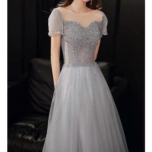 Luxurious Gray Bridesmaid Dresses O-Neck Lace Beaded Sequins Short Sleeve Long Shiny Wedding Formal Party Prom Gowns New 2021