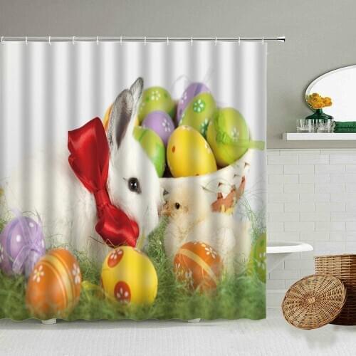 Happy Easter Cute Bunny Colored Eggs Shower Curtain Flowers Green Plants Natural Scenery Bathroom Decoration Waterproof Screen