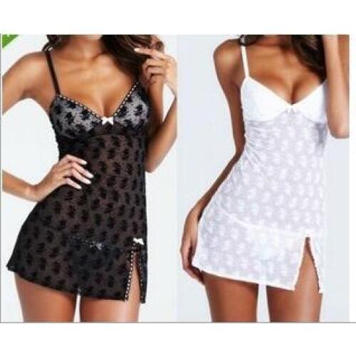 S M L Sexy Women Lingerie Hot Spaghetti Straps Perspective Split Sex Underwear Rose Pattern Sleepwear Lenceria Erotica CE03