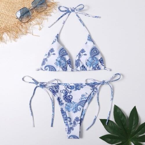 Sexy Halter Print Swimwear Women Bikini Set Swimsuit Micro Sting Thong Bikinis 2021 Mujer Vintage Bathing Suit Biquinis Feminino