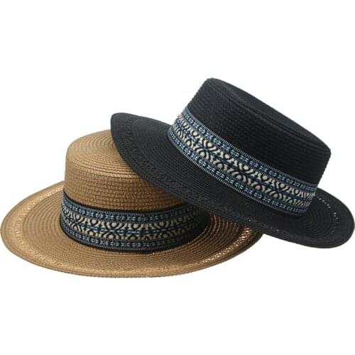 Straw hats women men flat top khaki white black solid summer hats belt band casual beach outdoor sun protection women summer hat