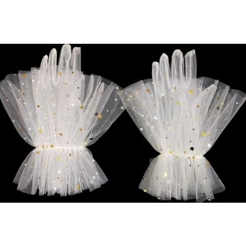 Cute Girl Evening Party Formal Gloves with Stars Sheer Color Tulle Short Finger Mittens for Events Activities