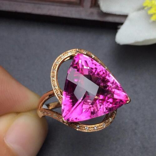 Fine Jewelry Real 18K Rose Gold AU750 Natural Pink Topaz Gemstone Diamonds Female Anniversary Gift Fine Rings