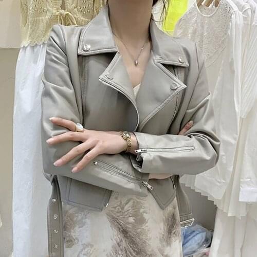 High Quality Grey Faux PU Leather Coat Plus Sashes Women Autumn New Lapel Long Sleeve Short Biker Jacket Casual Casacos Feminino